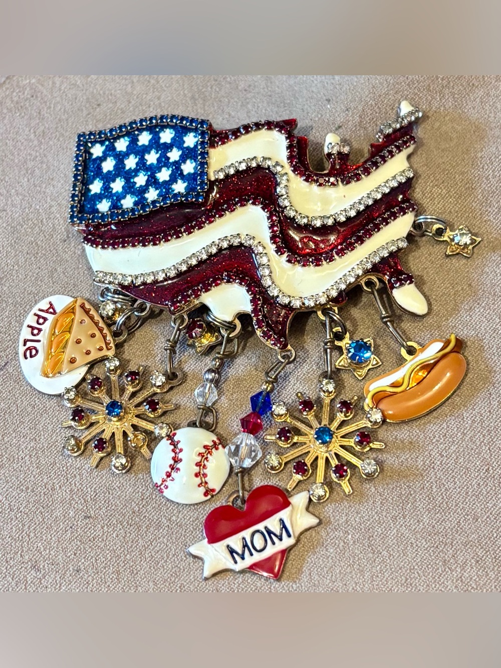 Lunch at the Ritz USA pendant pin Flag Baseball Mom Apple pie Hot dog w Crystals